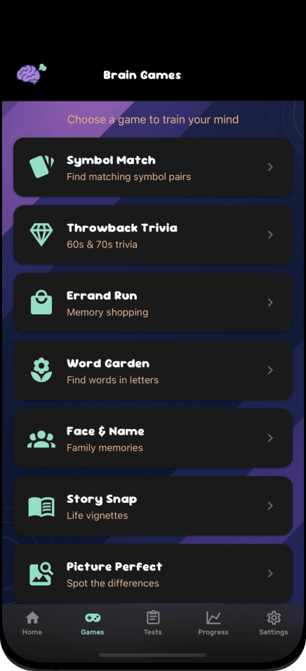 Brainfart Memory Games - Game Selection Screen